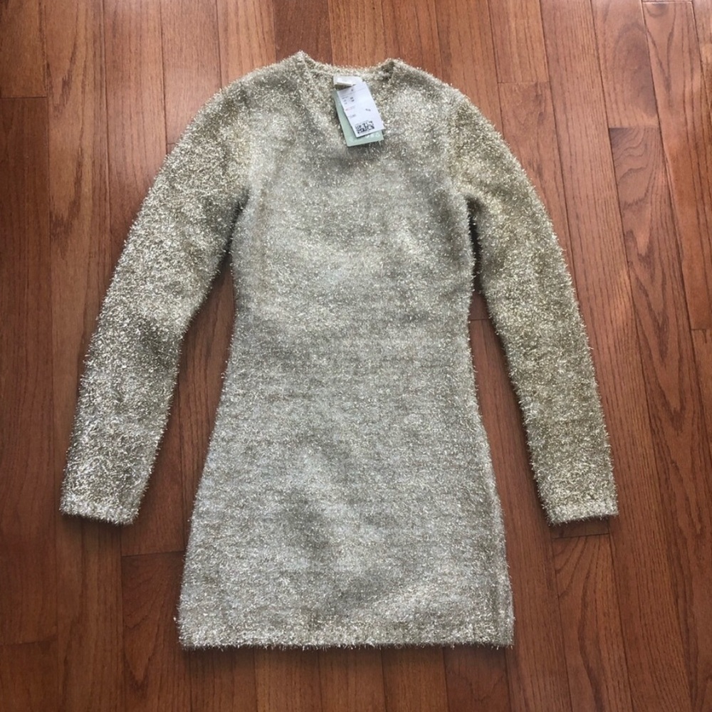 NWT H&M Gold Long Sleeve Fuzzy Glitter Christmas NYE Holiday Party Dress Size XS - Picture 2 of 13